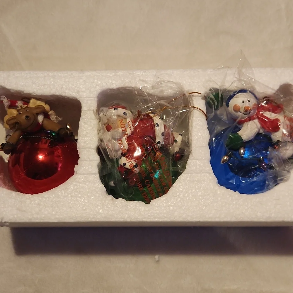 Vintage, Holiday Ornament Set, Snowmen, Santa, Reindeer, Vintage Christmas Bells